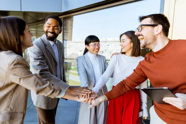 Dışarıdaki bir ofis ortamında, çeşitli meslektaşlar bir kutlama anını paylaşıyor, el sıkışıyor ve karşılıklı gülüşüyorlar. Güneş ışığı onların dostluk ifadelerini güçlendirir..