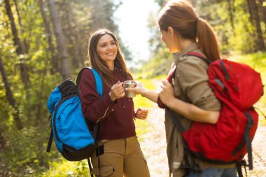 İki coşkulu yürüyüşçü, uzun ağaçlar ve yumuşak güneş ışığıyla çevrili, rahat bir içeceği paylaşıyor. Sakin bir orman ortamında, doğanın güzelliğinin tadını çıkarıyorlar..