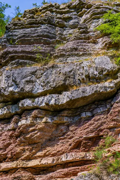Boljetin Nehri boyunca yükselen parlak tortulu kaya katmanları, açık mavi gökyüzü ve yemyeşil bir gökyüzü altında Aşağı Kretase döneminin zengin jeolojik tarihini gözler önüne seriyor..