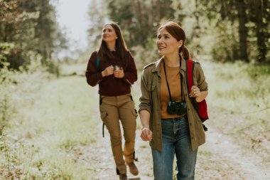 Uzun ağaçların arasında, iki arkadaş neşeli bir yürüyüşe çıkar, gülümsemelerini paylaşır ve huzurlu bir ormanda anları yakalar..