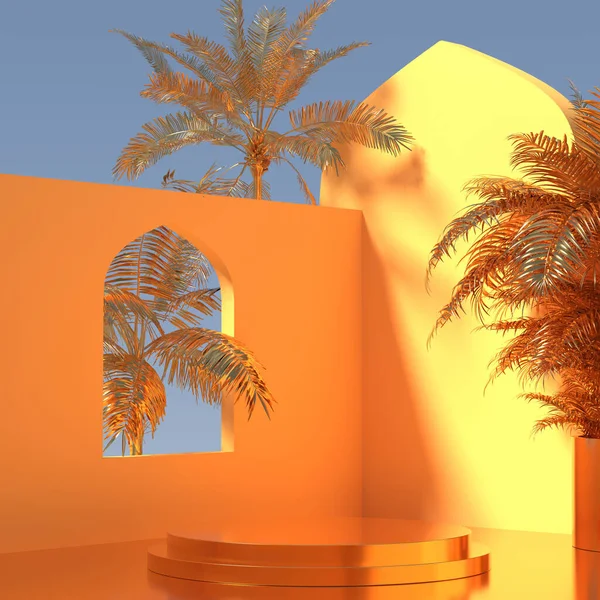 Rendering Produkt Podium Minimalen Orientalischen Stil Goldene Palmen Und Gelbe — Stockfoto