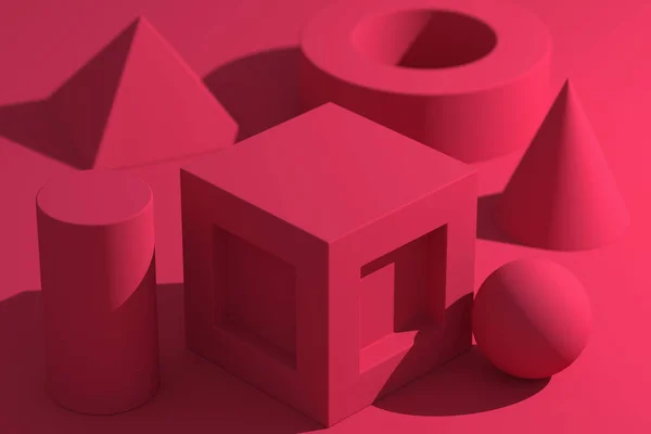 Weergave Eenvoudige Geometrische Vormen Met Schaduwen Monochrome Magenta Achtergrond — Stockfoto