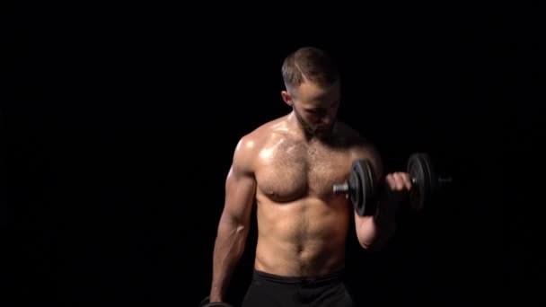 Strong Handsome Shirtless Sport Man Making Weightlifting Dumbbells Front View — Vídeo de Stock