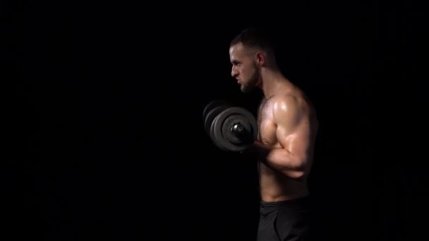 Strong Handsome Shirtless Sport Man Making Weightlifting Dumbbells Side View — Stock videók