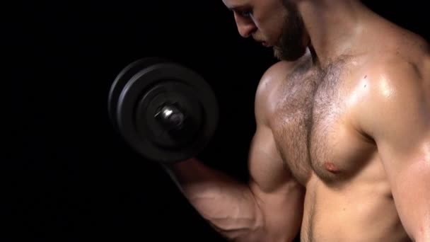 Closeup Strong Handsome Shirtless Sport Man Making Weightlifting Dumbbells Side — Stock video
