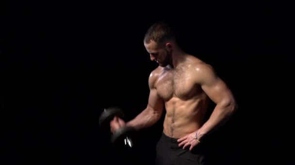 Strong Handsome Shirtless Sport Man Training Biceps Dumbbells Side View — Vídeos de Stock