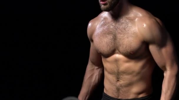 Closeup Strong Handsome Shirtless Sport Man Making Weightlifting Dumbbells Side — Vídeos de Stock