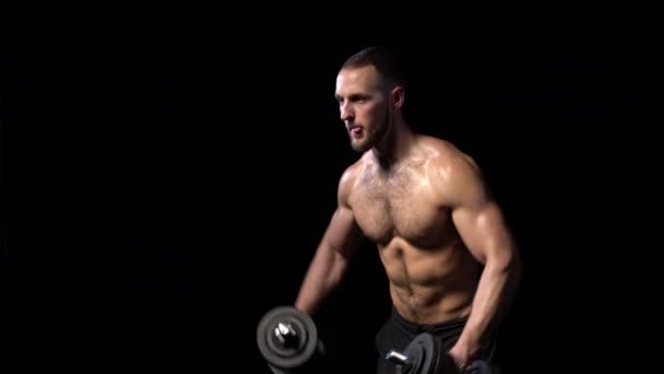 Strong Handsome Shirtless Sport Man Training Biceps Dumbbells Black Background — Αρχείο Βίντεο