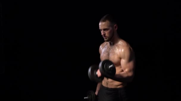 Strong Handsome Shirtless Sport Man Training Biceps Dumbbells Side View — Video Stock