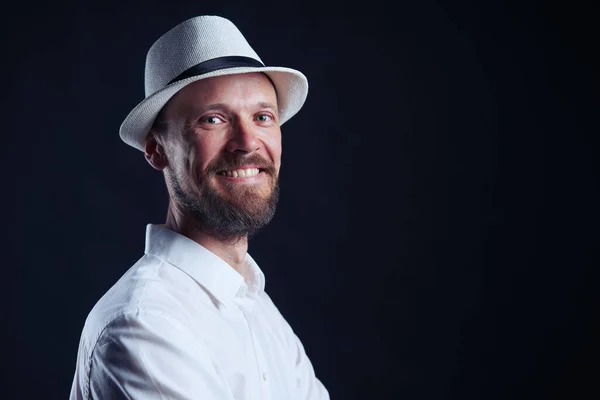 Portrait Smiling Middle Age Man Straw Hat Looking Camera Black — Stok Foto