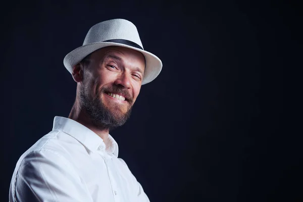 Portrait Smiling Middle Age Man Straw Hat Looking Camera Black — Zdjęcie stockowe