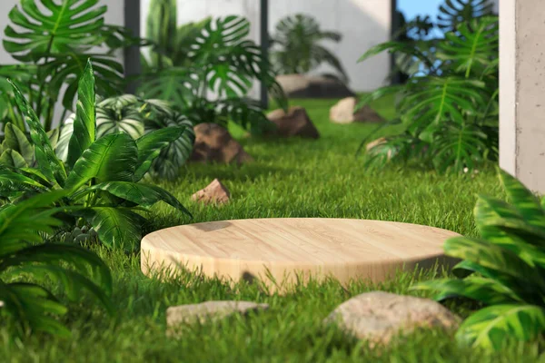 Green Eco Product Marketing Background Круглый Деревянный Подиум Зеленой Траве — стоковое фото