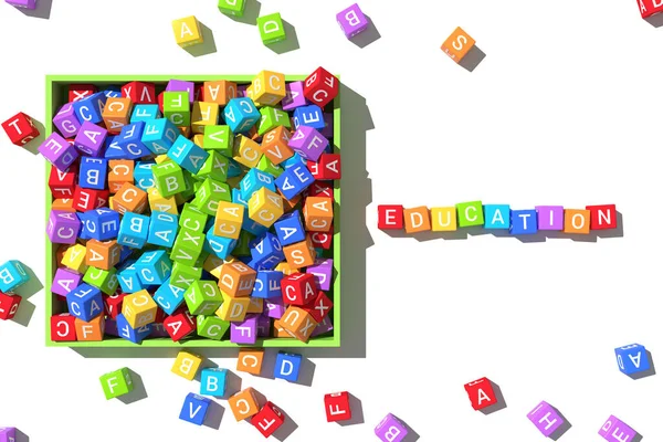 色彩艳丽的儿童立方体 盒子里有字母 旁边有题词教育 白色背景 — 图库照片
