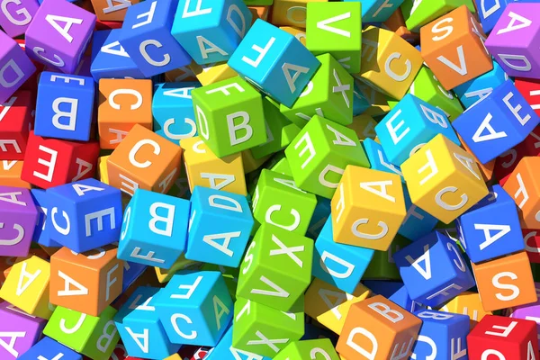 聪明的孩子的混乱多彩的立方体与字母 Closeup Top View — 图库照片