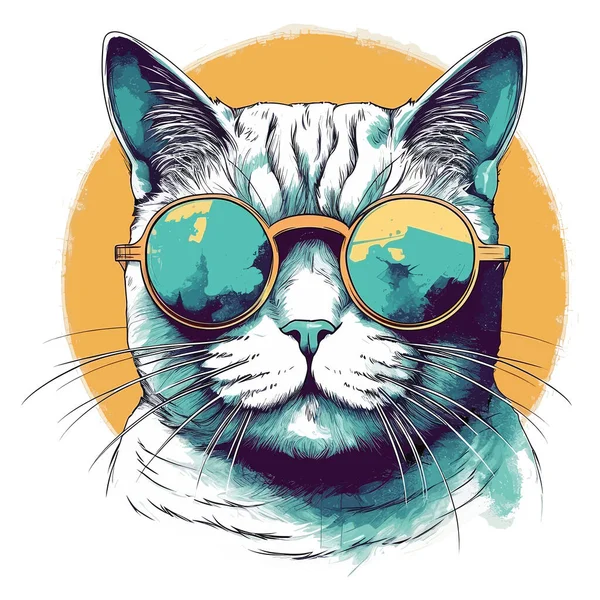 Illustration Der Coolen Katze Rund Brille Shirt Design Vektor Linearer — Stockvektor