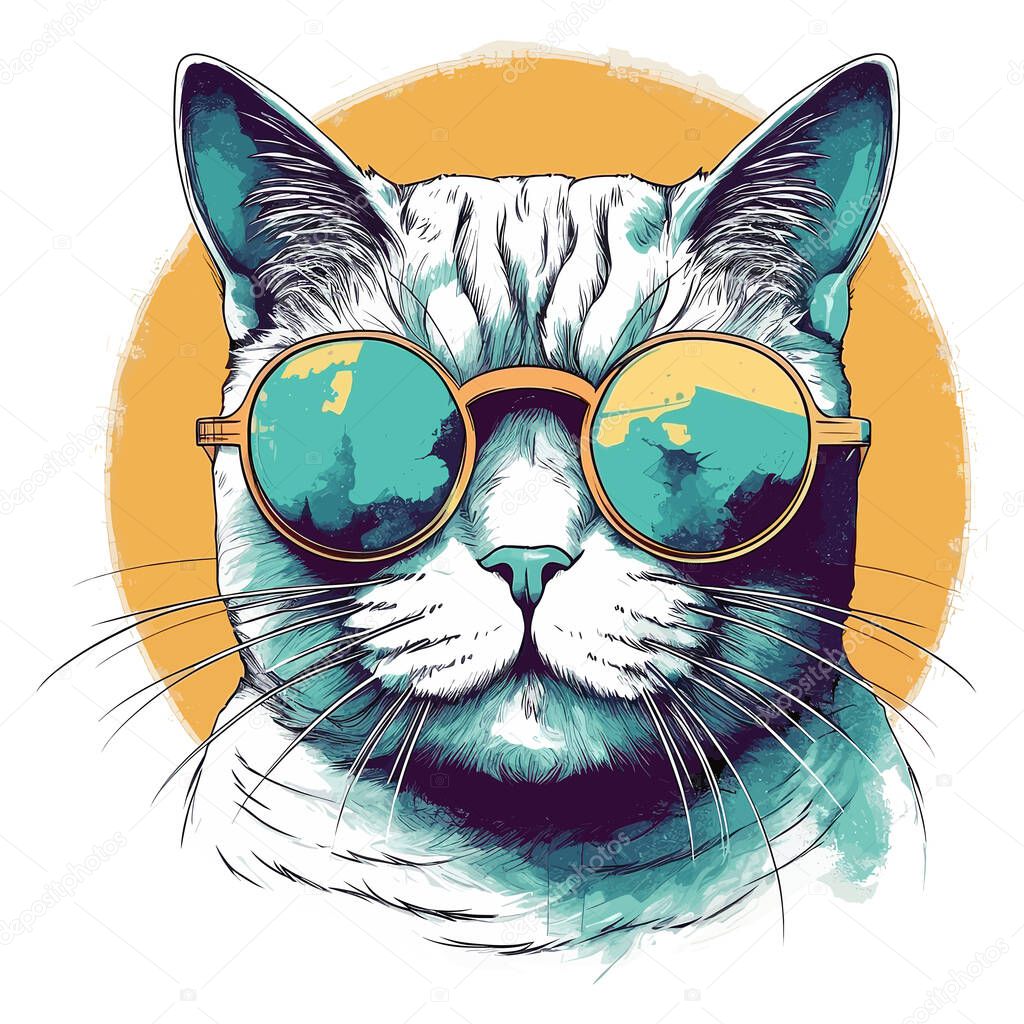 Illustration of cool cat in round in glasses, t-shirt design, vector, linear style