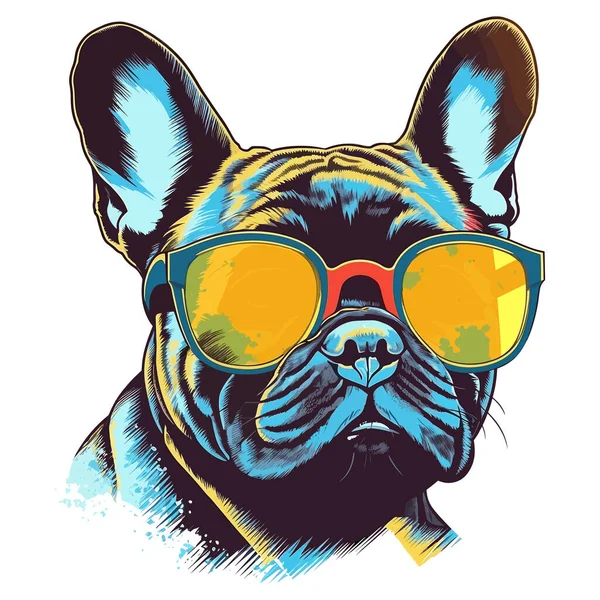 Ilustrasi Bulldog Perancis Keren Memakai Kacamata Hitam Desain Kaos Vektor - Stok Vektor