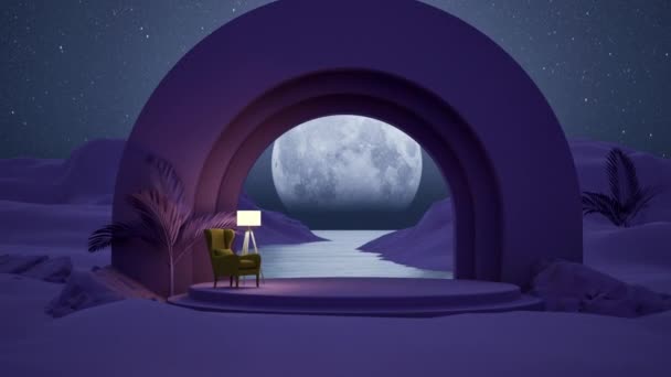 Темна Нічна Сцена Арки Подіумом Великим Місяцем Освітлений Пустелі Стилі — стокове відео