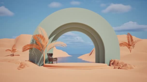 带有讲台的拱门 有棕榈树的沙漠场景 未来主义简约主义风格 — 图库视频影像