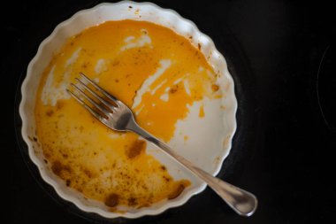 Kirli beyaz tepsi yemekten sonra boş kapatır.