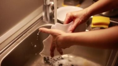 Kadın ev hanımı bulaşıkları yıkama süngeri ve bulaşık makinesiyle yıkıyor.