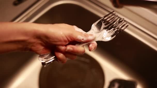 Крупним Планом Домогосподарка Робить Посуд Домашній Кухні Використовуючи Мийну Губку — стокове відео