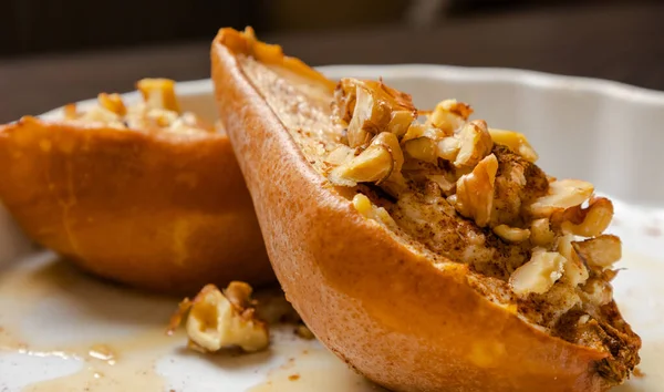 stock image stuffed pear with cheese honey and walnuts