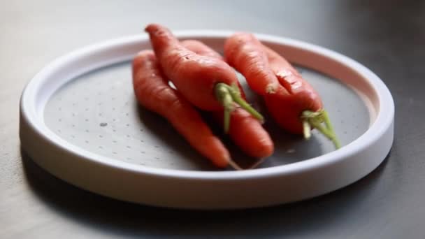 Свежая Морковь Закрывается Кухонном Столе — стоковое видео