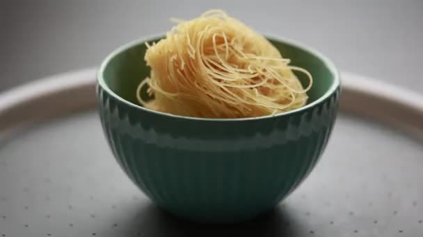 Raw Pasta Small Blue Bowl Close — Stock Video