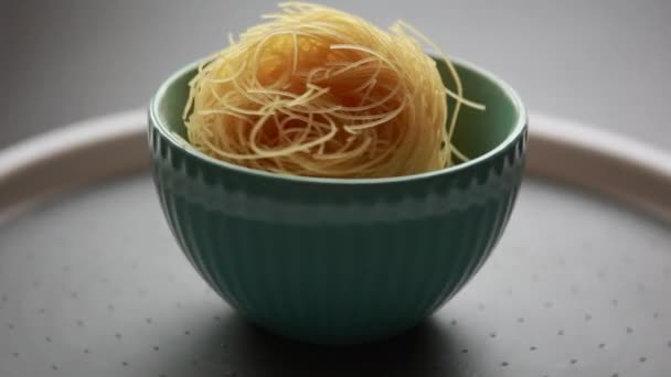 Raw Pasta Small Blue Bowl Close — Stock Video