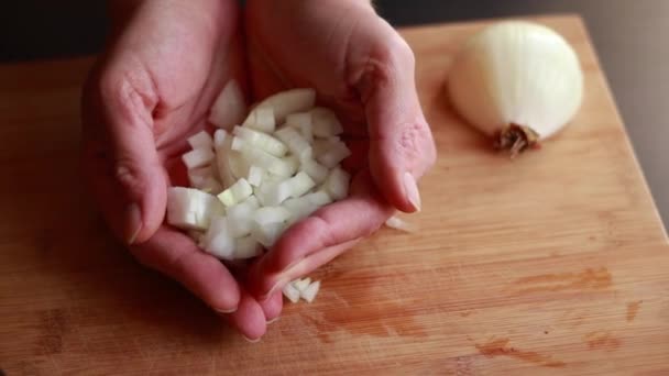 Las Manos Mujer Cortando Cebolla Para Una Base Sopa Cerca — Vídeo de stock