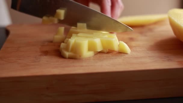 Vrouw Handen Close Snijden Rauwe Aardappelen Welpen Voor Een Soep — Stockvideo