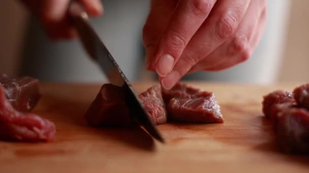 Mãos Mulher Fecham Cortando Carne Crua Pequenas Partes Guisado Cozinhar — Vídeo de Stock