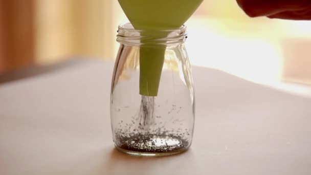 クリーンな白い背景に設定されたガラス瓶の中のチア種子のクローズアップビュー 食品保管を強調 — ストック動画