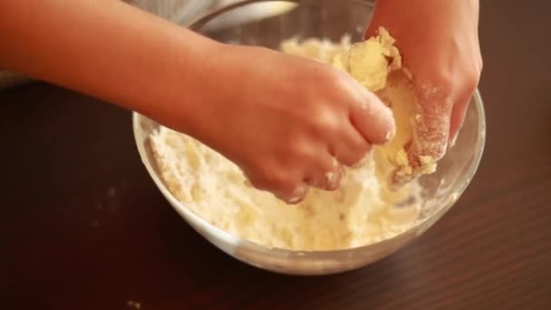 クリエイティブな料理の楽しみ 子供の手はミニテートのための生のショートクラストを作ります — ストック動画