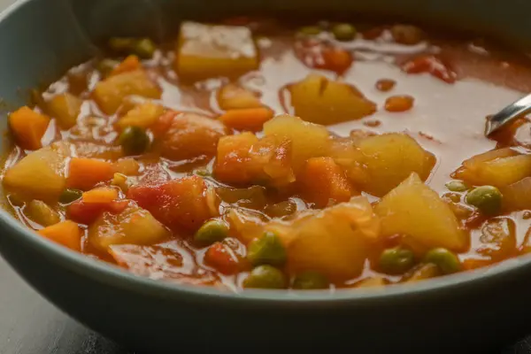 自家製野菜スープ ボウルでビーガン健康的なスープのビューを閉じる ロイヤリティフリーのストック画像