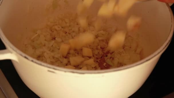 Размешивание Горшка Овощного Супа Обед Горячими Блюдами — стоковое видео