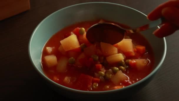 Домашний Овощной Суп Закрыть Вид Веганский Здоровый Суп Миске — стоковое видео