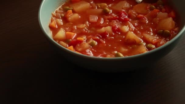 自家製野菜スープ ボウルでビーガン健康的なスープのビューを閉じる — ストック動画