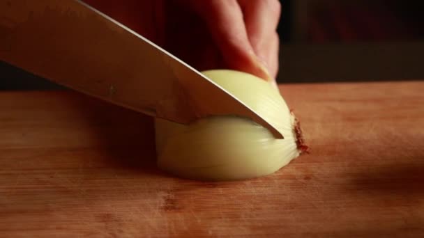 Zbliżenie Kobiecych Rąk Masterfully Cutting Cebuli — Wideo stockowe