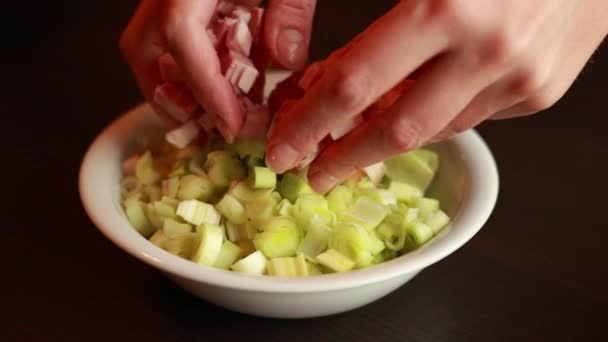 Close Cut Leek Smoked Bacon White Bowl Culinary Harmony — стокове відео