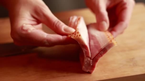 Chef Corta Pedazo Carne — Vídeos de Stock