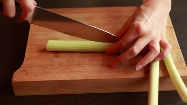 Close Woman Hands Cutting Leek Wooden Board Culinary Precision — стоковое видео