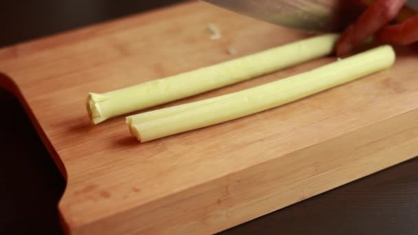 Close Woman Hands Cutting Leek Wooden Board Culinary Precision — Stockvideo