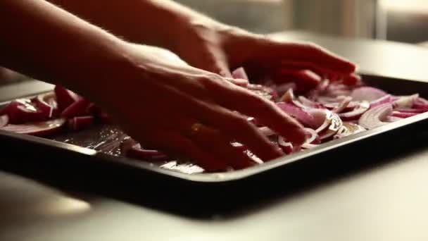트레이에서 베이킹을위한 양파를 준비하는 여자의 클로즈업 — 비디오