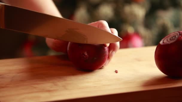 Die Hand Einer Frau Schneidet Rote Zwiebel Großaufnahme Auf Einem — Stockvideo