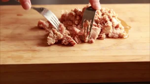 Inggris Savory Delight Shredded Tuna Wooden Board Close — Stok Video