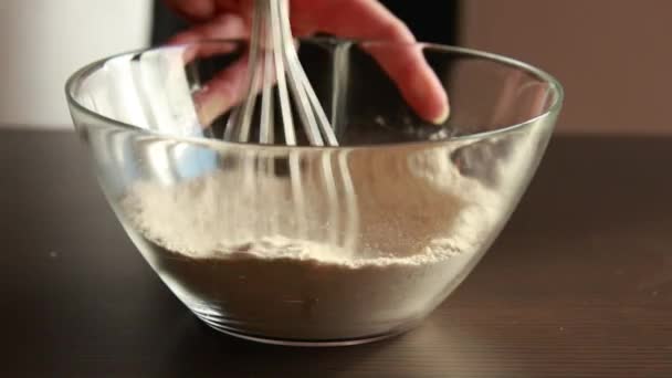 Mixing Dry Ingredients Baking Glass Bowl Close — Stock Video