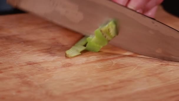 Woman Hands Cutting Chopping Celery Close Wooden Board — Stock Video