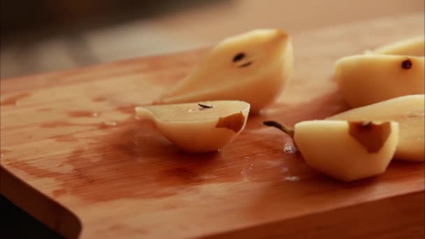 Peel Pears Wooden Board Close — Stock Video